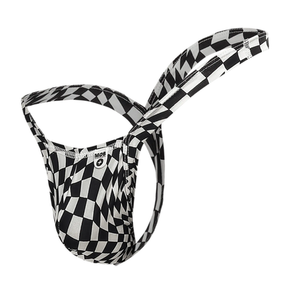 Mob y buns thong black and white checkered m2b men’s briefs with a sleek form fitting design shown from the back