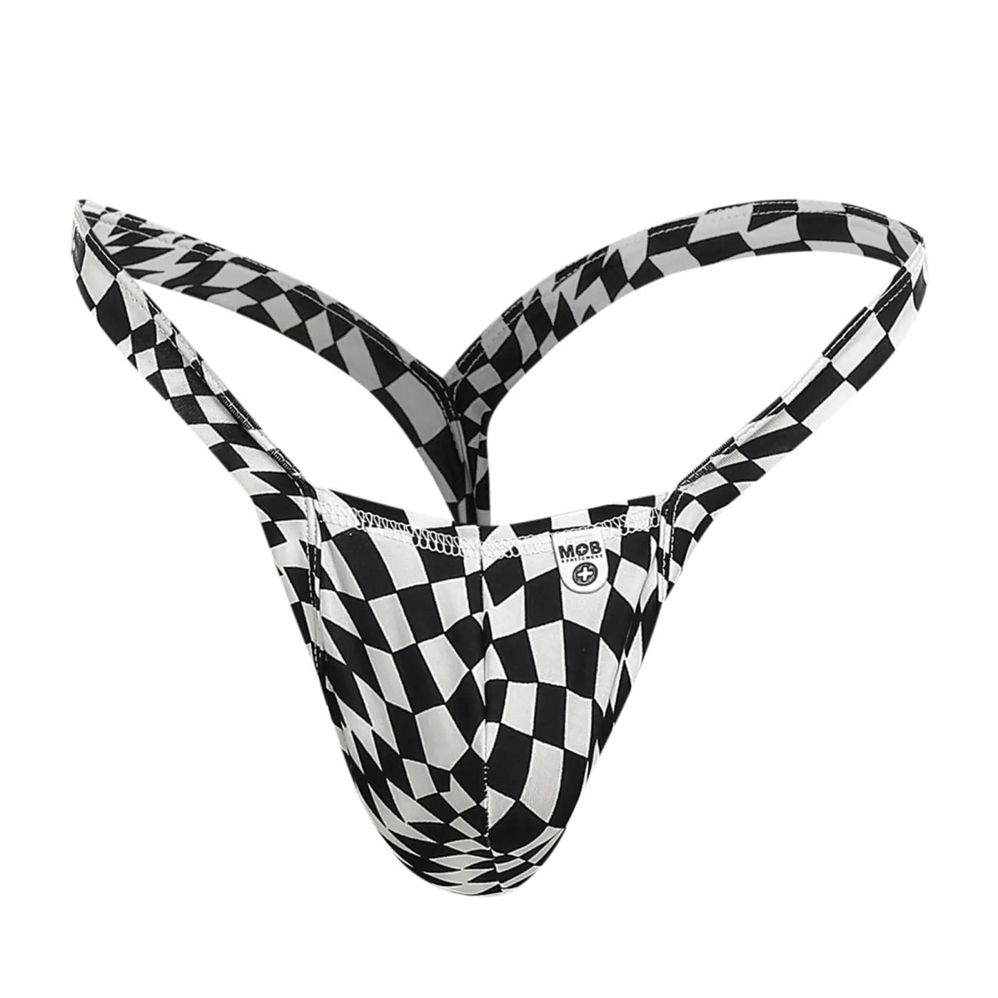 Black and white checkered men’s thong with mob brand label designed for comfort and style in underwear collections