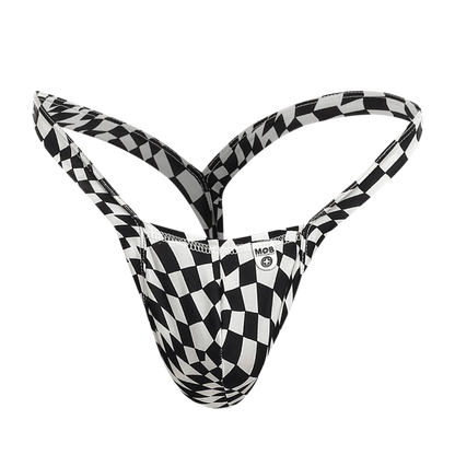 Black and white checkered men’s thong with mob brand label designed for comfort and style in underwear collections