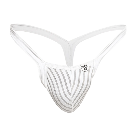 White striped mob y buns thong with sleek modern design and thin straps shown from the back side