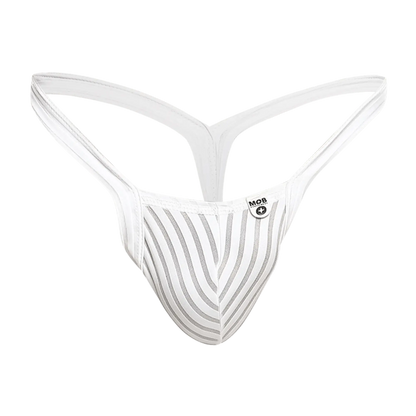 White striped mob y buns thong with sleek modern design and thin straps shown from the back side
