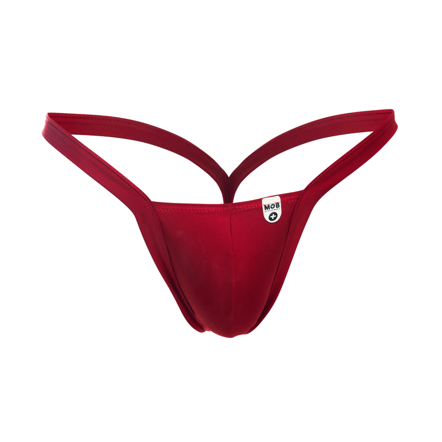 Red thong mob y buns thong with smooth stretchy fabric and thin straps shown from the back side