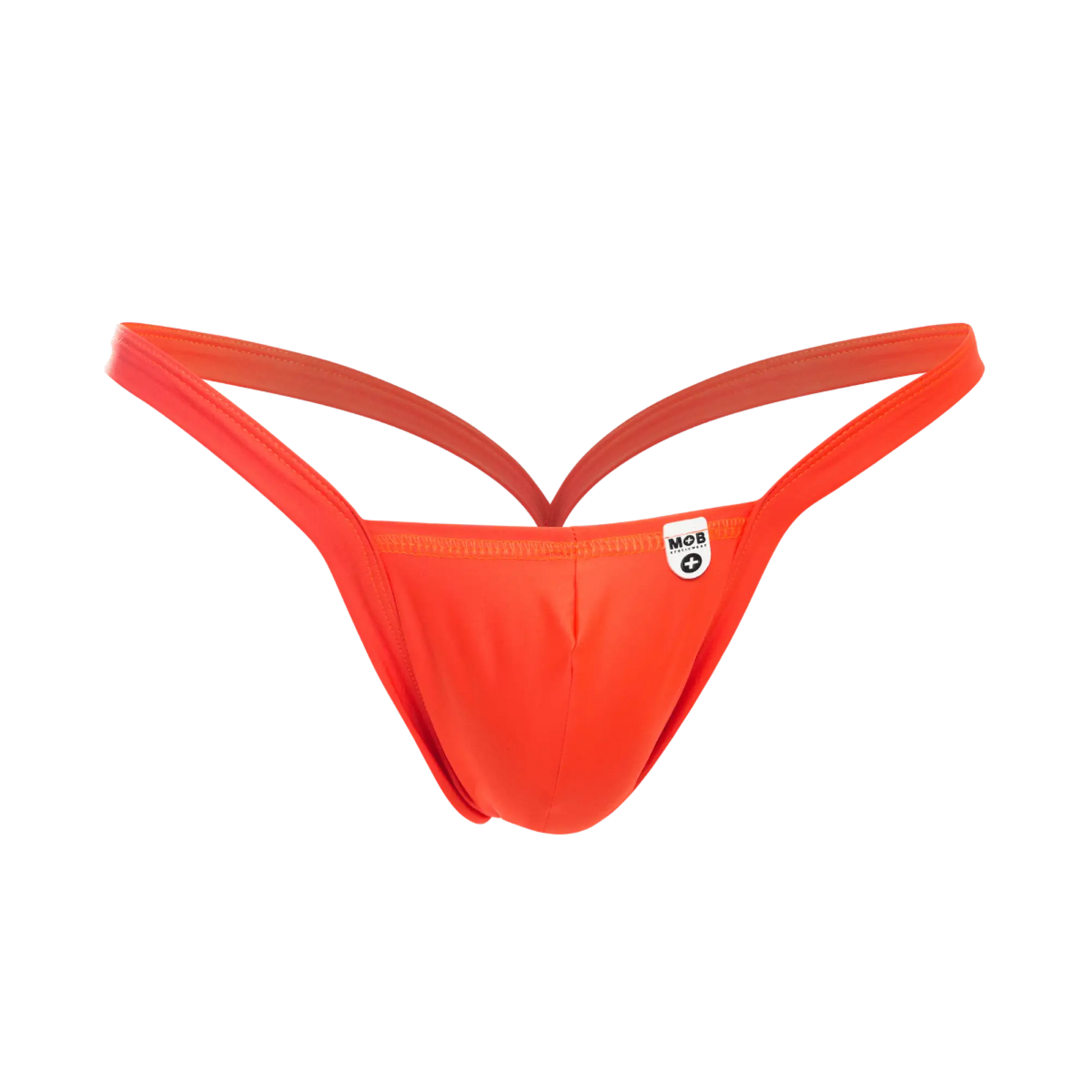 Vibrant orange mob y buns thong with sleek form-fitting design and thin straps shown from the back side