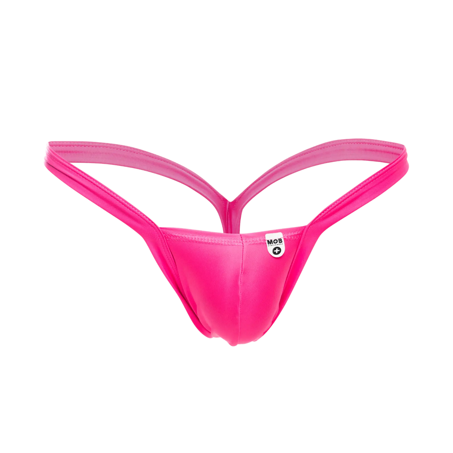 Vibrant pink mob y buns thong with sleek form-fitting design and thin straps showing the back side of the product