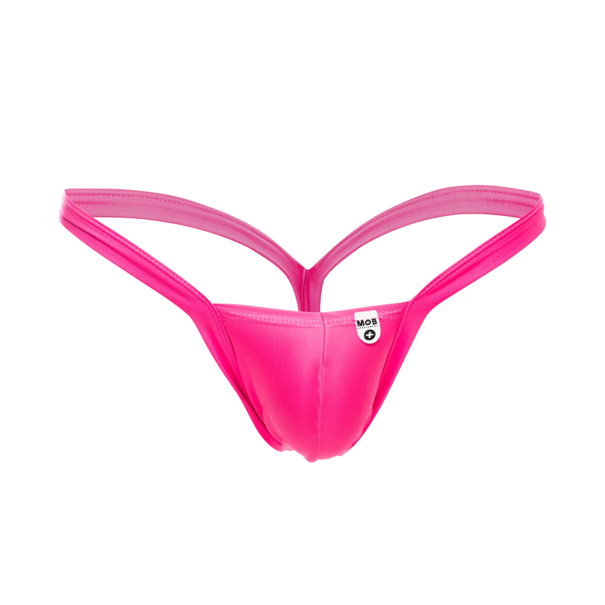 Vibrant pink mob y buns thong with sleek form-fitting design and thin straps showing the back side of the product