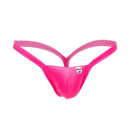 Vibrant pink mob y buns thong with sleek form-fitting design and thin straps showing the back side of the product