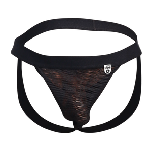 Black mesh MOB Fisherman jock briefs with solid black waistband leg straps and white mob brand tag on the side