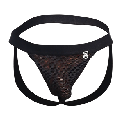 Black mesh MOB Fisherman jock briefs with solid black waistband leg straps and white mob brand tag on the side