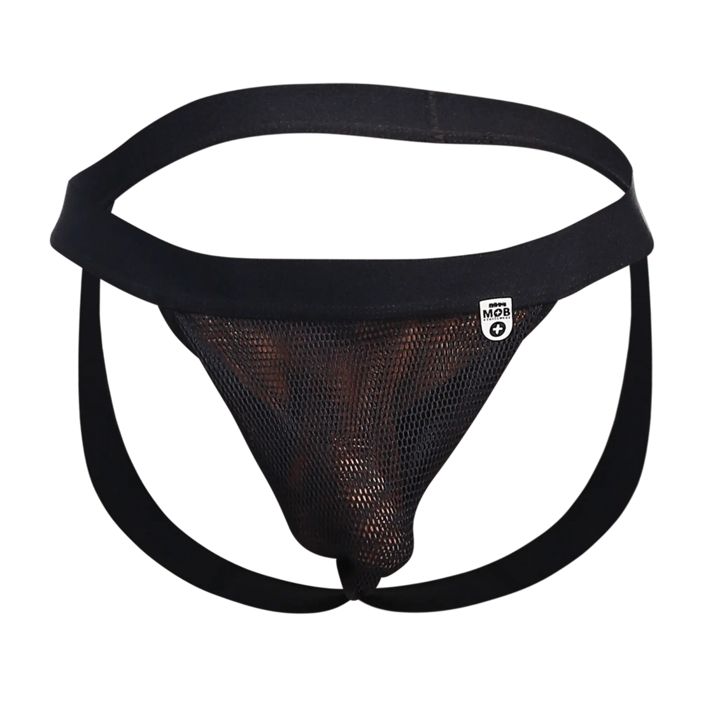 Black mesh briefs with solid black waistband and leg straps featuring small white mob brand tag side view