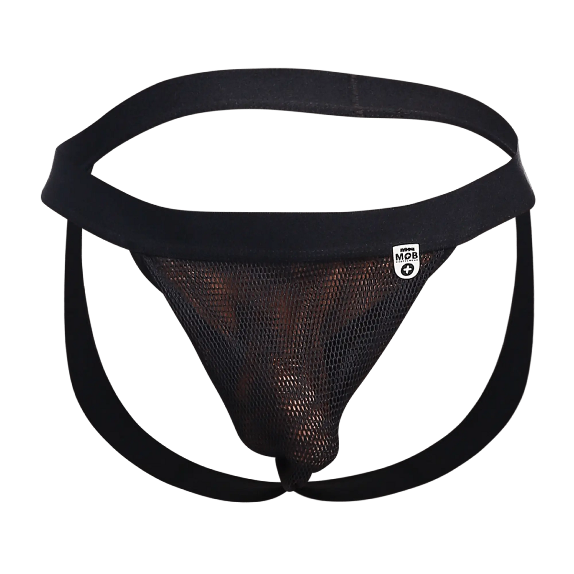 Black mesh briefs with solid black waistband and leg straps featuring small white mob brand tag side view