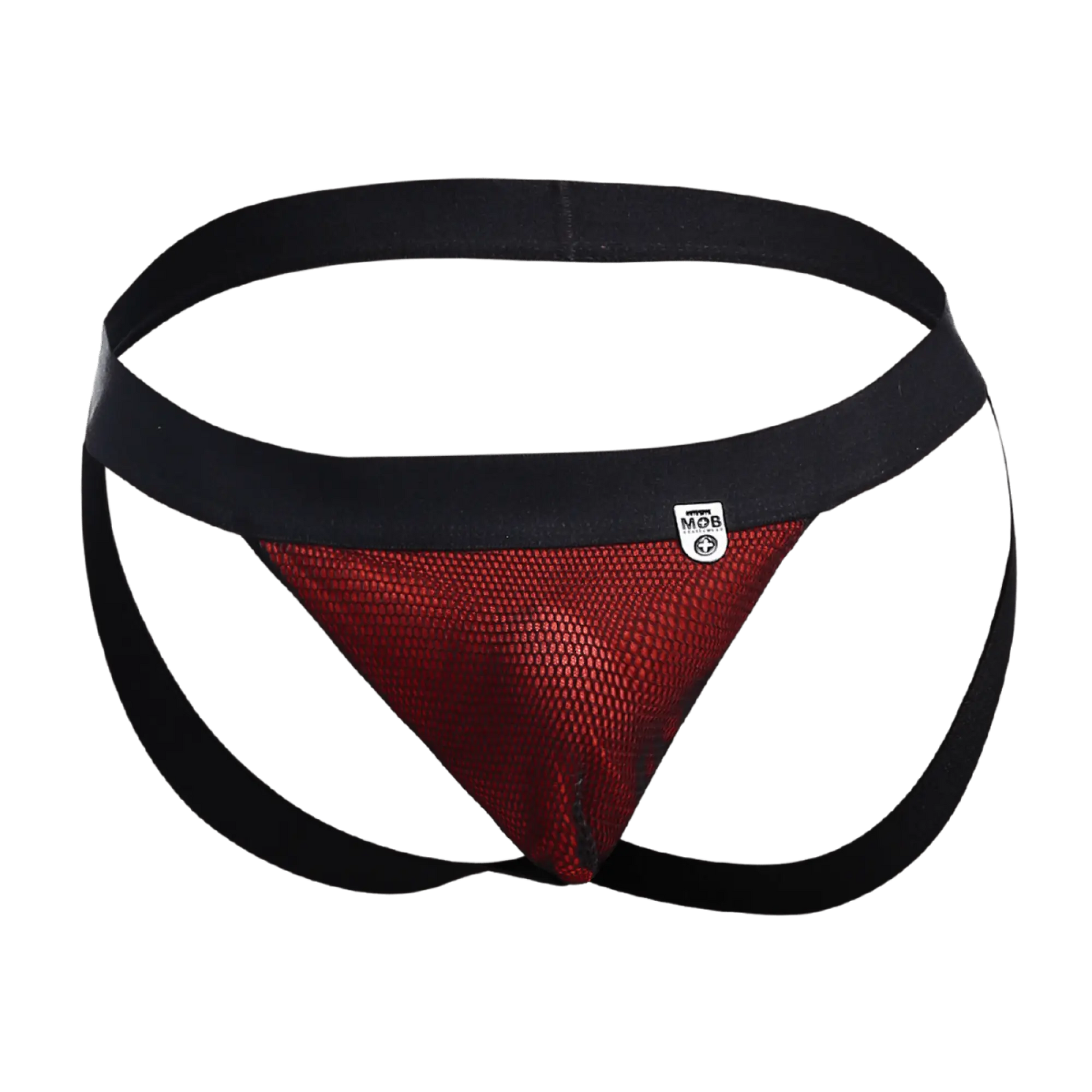 Black and red mesh athletic brief with black waistband featuring mob logo from mob fisherman jock collection