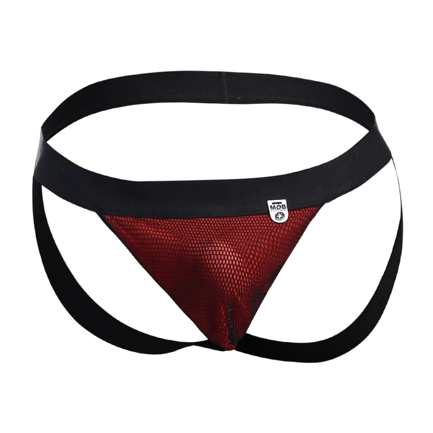 Black and red mesh athletic brief with black waistband featuring mob logo from the mob fisherman jock collection
