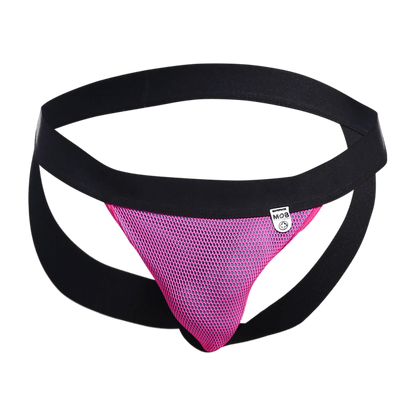 Pink mesh MOB Fisherman Jock athletic brief with black elastic waistband and side straps for active wear