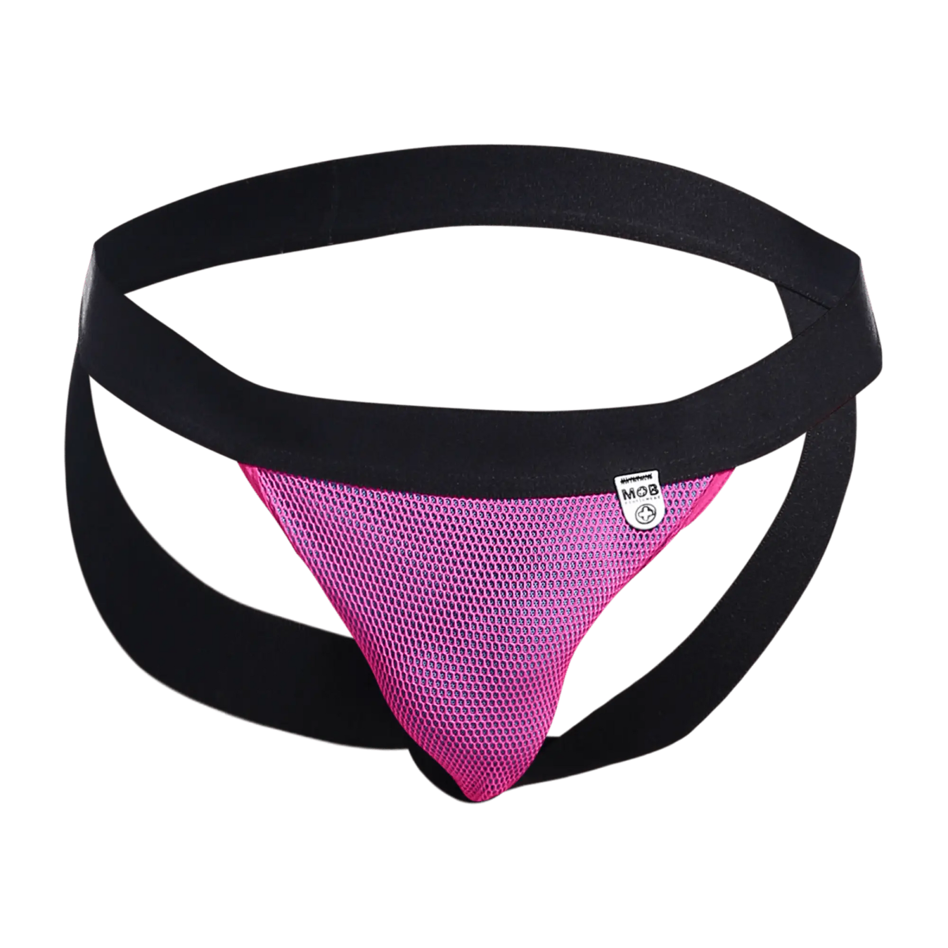 Mob fisherman jock pink mesh athletic brief with black elastic waistband and side straps for activewear
