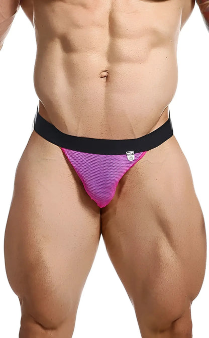 Vibrant pink mob fisherman jock mesh briefs with a black elastic waistband for comfortable support