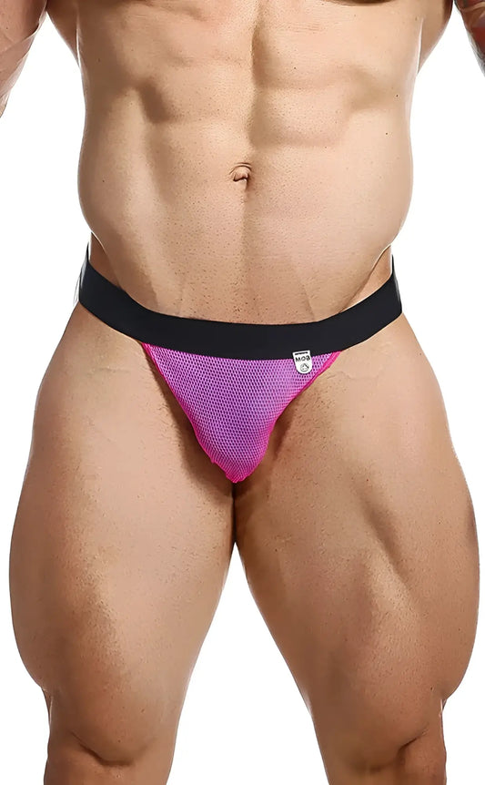 Vibrant pink mob fisherman jock mesh briefs with a black elastic waistband for comfortable support