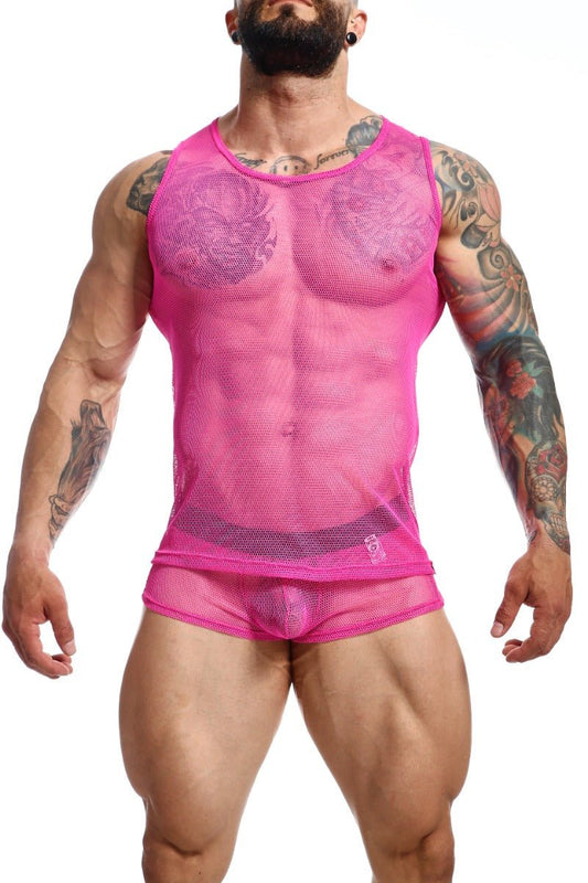 Bright pink mob fishnet boxer tank top and briefs with sheer mesh and form-fitting design