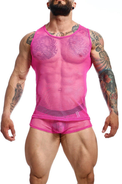 Bright pink MOB fishnet boxer tank top and briefs in sheer mesh fabric with a form-fitting design