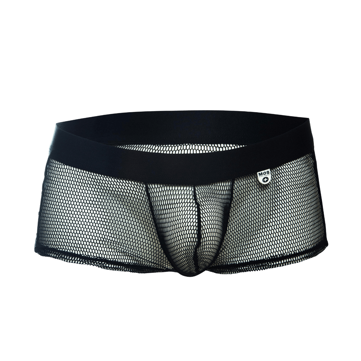 Black mesh men’s underwear mob fishnet boxer with solid black waistband and small white logo tag