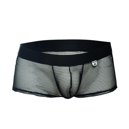 Black mesh men’s mob fishnet boxer underwear with solid black waistband and small white logo tag