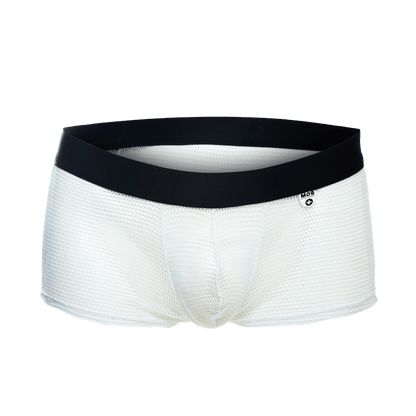 White mesh briefs with black elastic waistband and mcb logo on the side mob fishnet boxer product