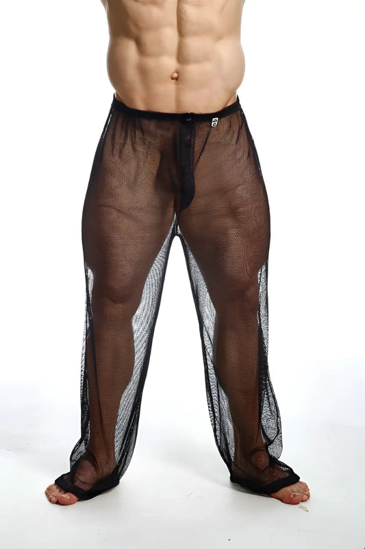 Black mesh men’s swim trunks mob fishnet pants with solid black waistband and reinforced cuffs