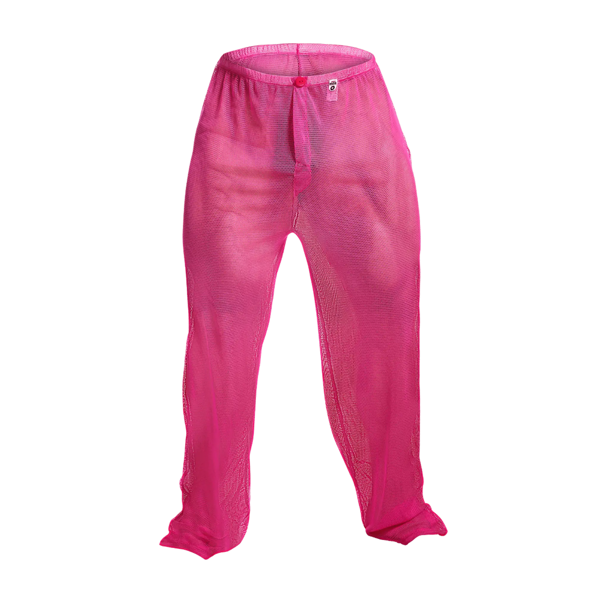 Bright pink mob fishnet pants with elastic waistband and small front tag made of mesh material