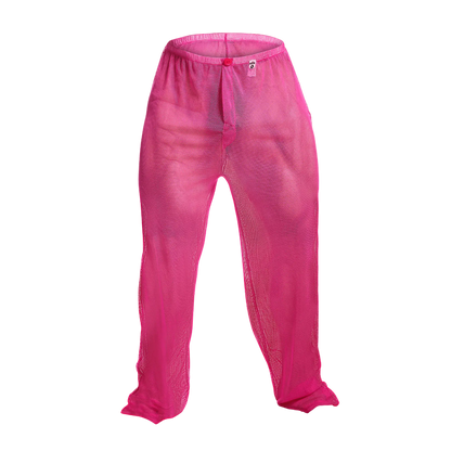 Bright pink mob fishnet pants with elastic waistband and small front tag made of mesh material