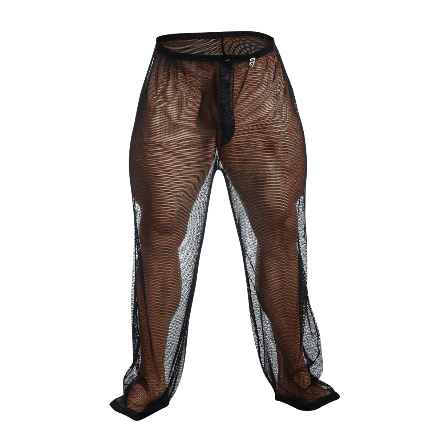 MOB fishnet pants brown mesh with black elastic waistband and silver reflective side panels front view