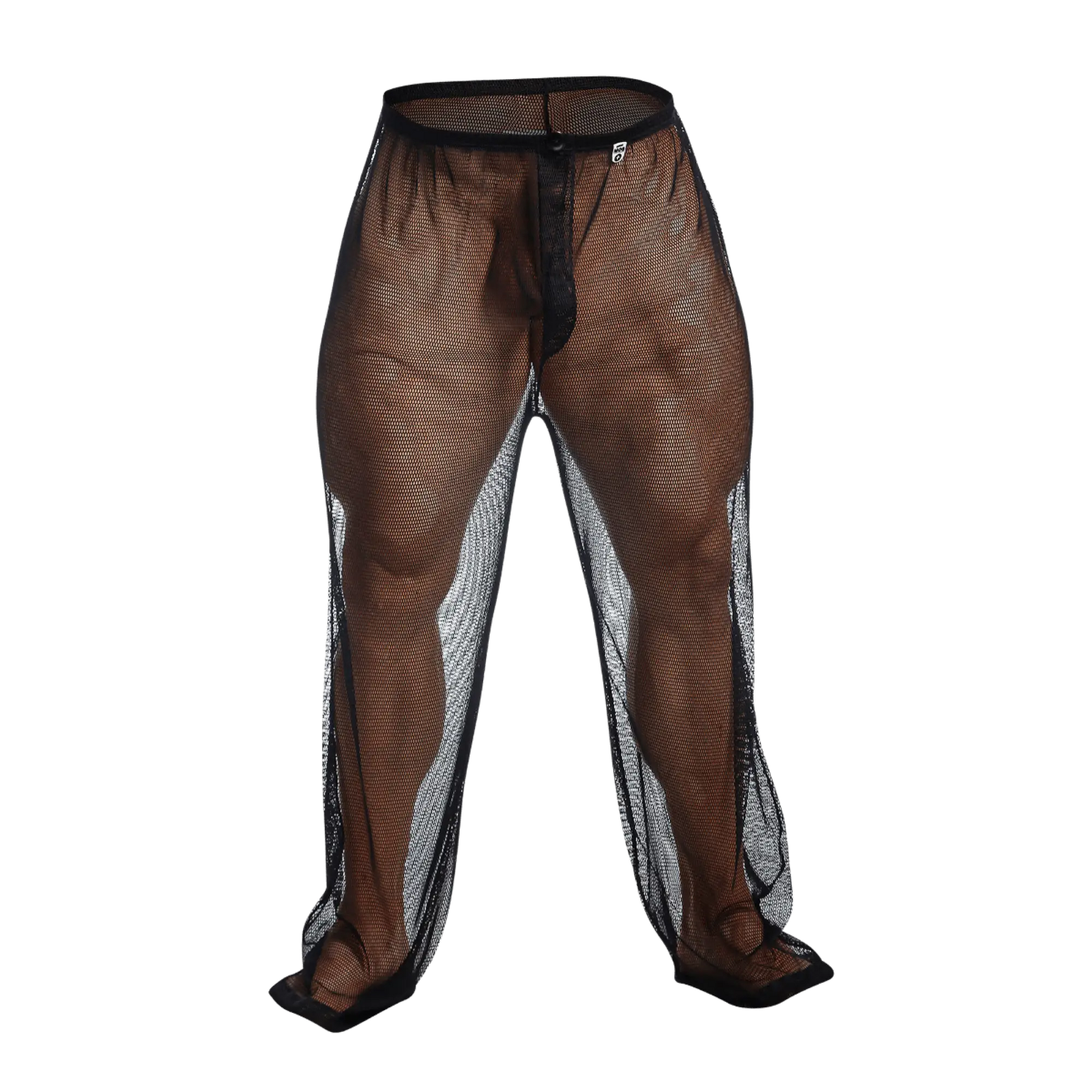 MOB fishnet pants brown mesh with black elastic waistband and silver reflective side panels front view
