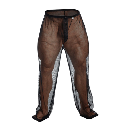 MOB fishnet pants brown mesh with black elastic waistband and silver reflective side panels front view