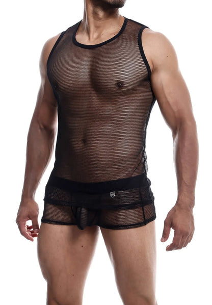Black mesh mob fishnet tanktop with reinforced trim and subtle brand logo on waistband