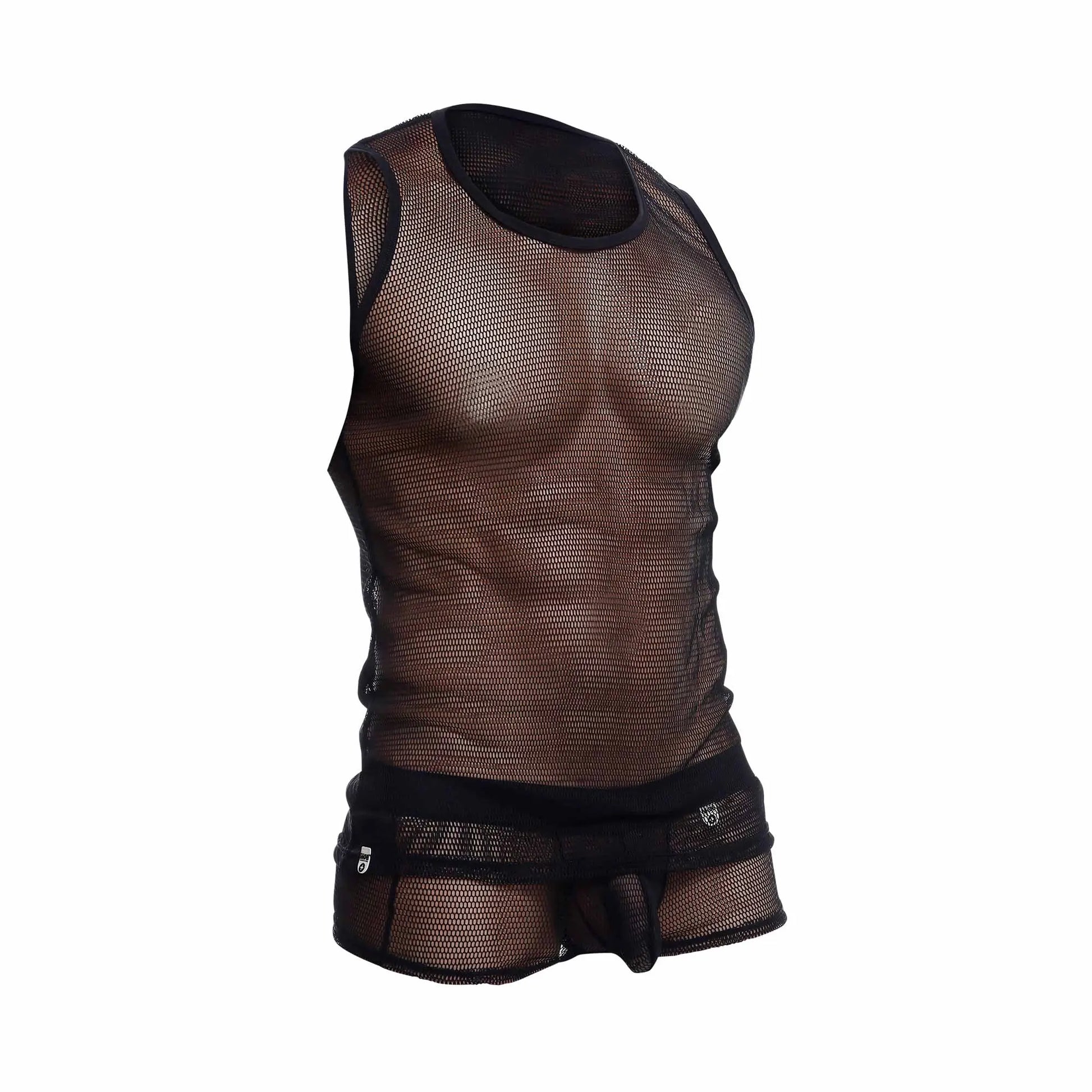 Mob fishnet tanktop black mesh tank top with snug fit and reinforced trim on neckline and waistband