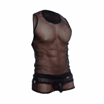 Mob fishnet tanktop black mesh tank top with snug fit and reinforced trim on neckline and waistband
