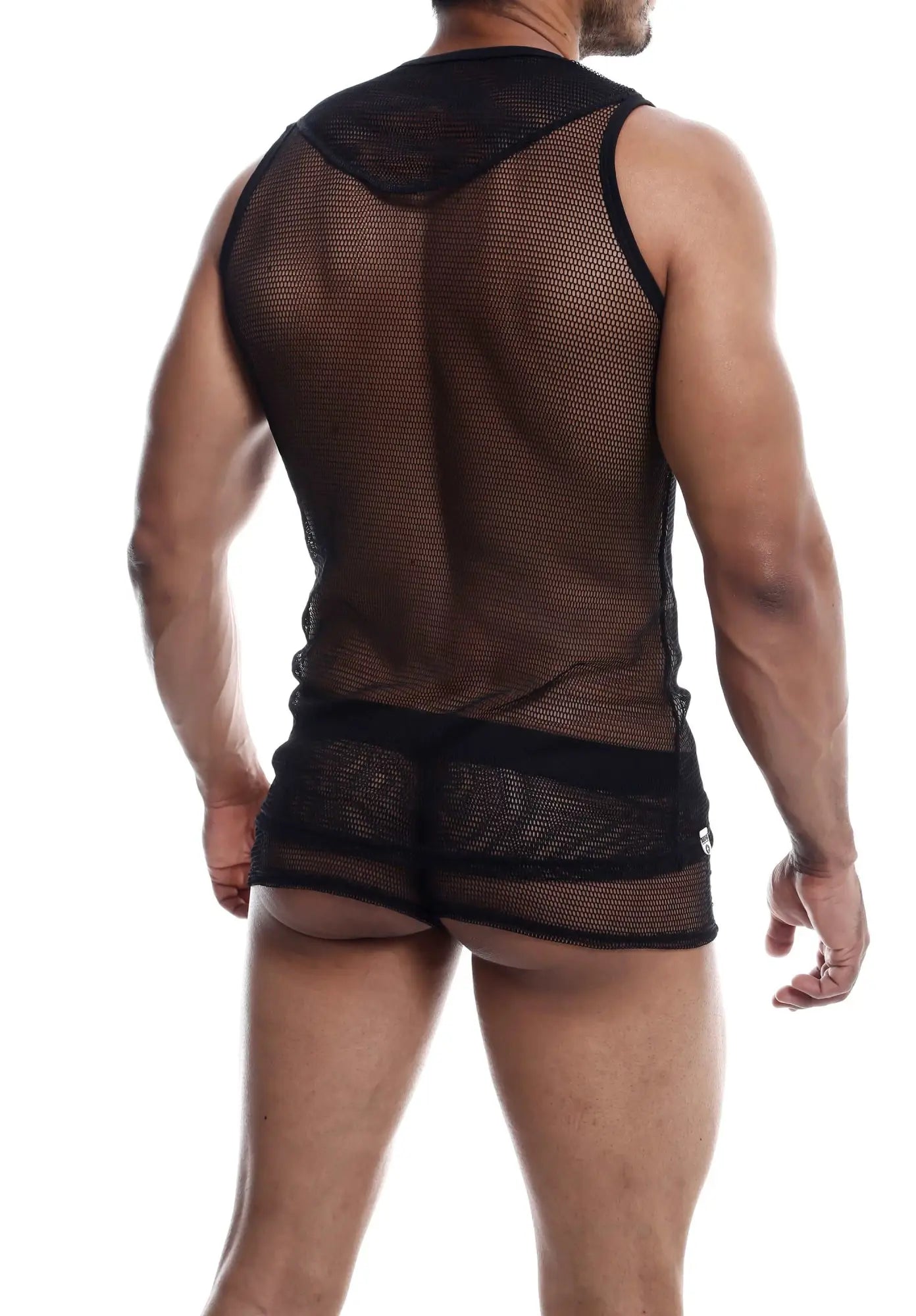 Black mob fishnet tanktop featuring a mesh material with solid black trim along neckline and waistband