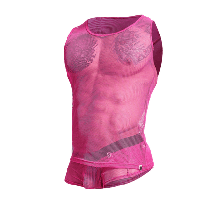 A vibrant hot pink mesh tank top featuring a fitted, form-fitting design called MOB Fishnet Tanktop HotPink