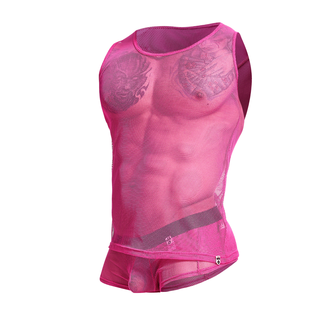 A vibrant hotpink mob fishnet tanktop with a fitted, form-fitting design made of breathable mesh material