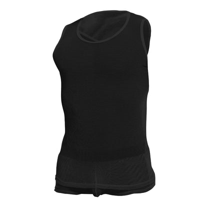 Black mesh sleeveless tanktop with rounded neckline and ribbed hem in mob fishnet tanktop style