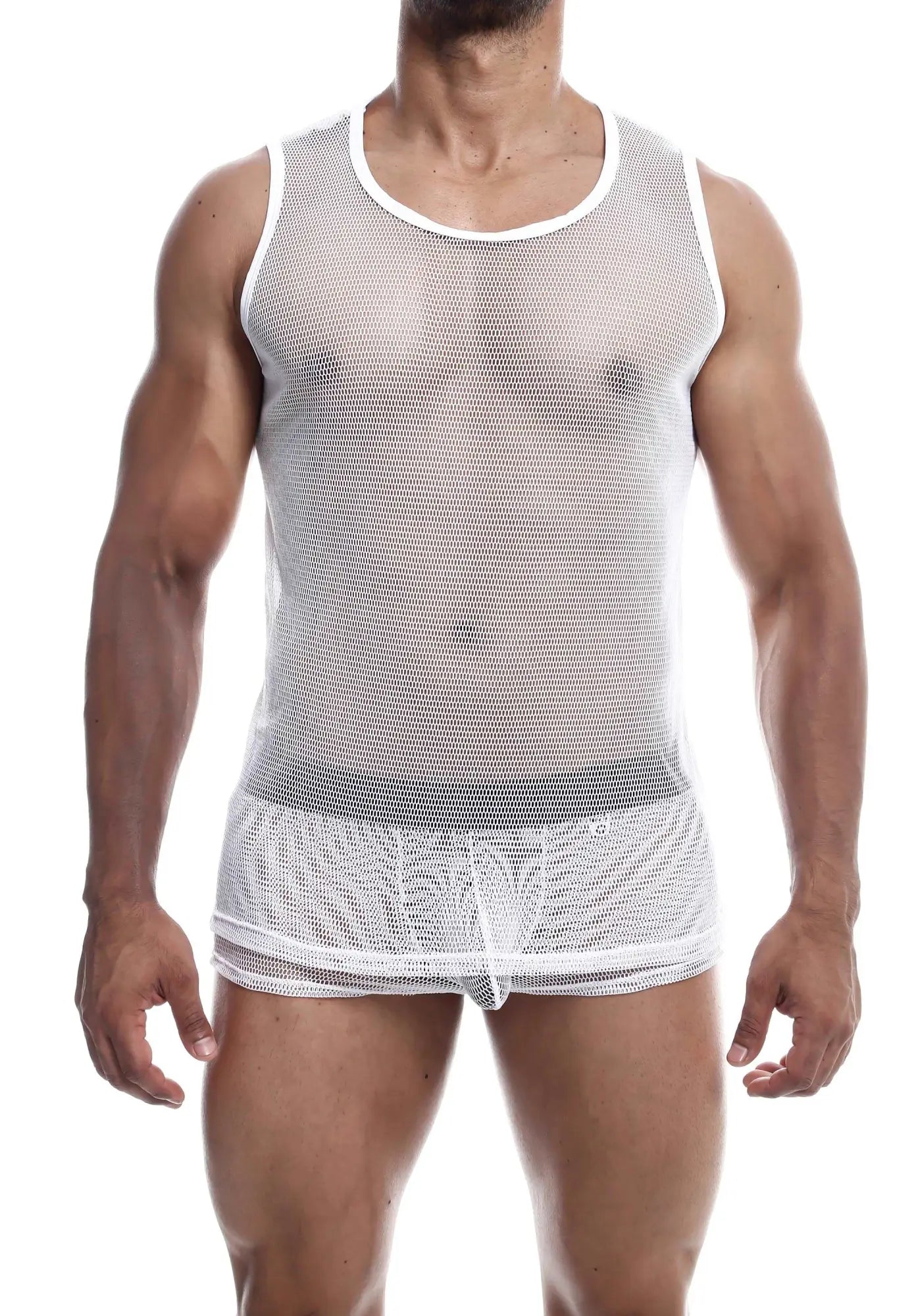 White mesh mob fishnet tanktop with round neckline and matching shorts in breathable lightweight fabric