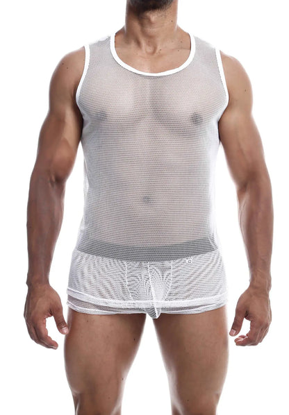 White mesh mob fishnet tanktop with round neckline and matching shorts in breathable lightweight fabric