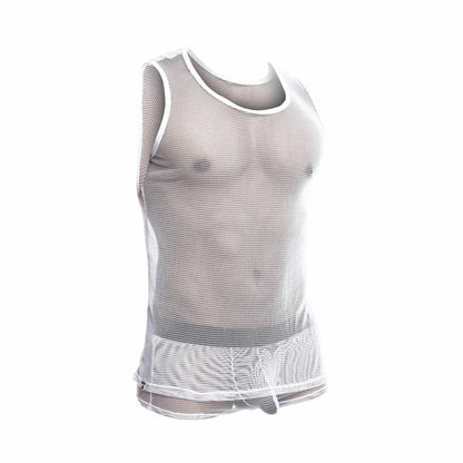 White mesh mob fishnet tanktop with rounded neckline and hem made of breathable fabric for casual wear