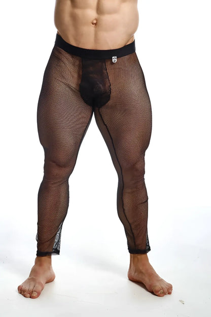 Black mesh fishnet tights with solid black waistband and reinforced paneling for stylish durable wear
