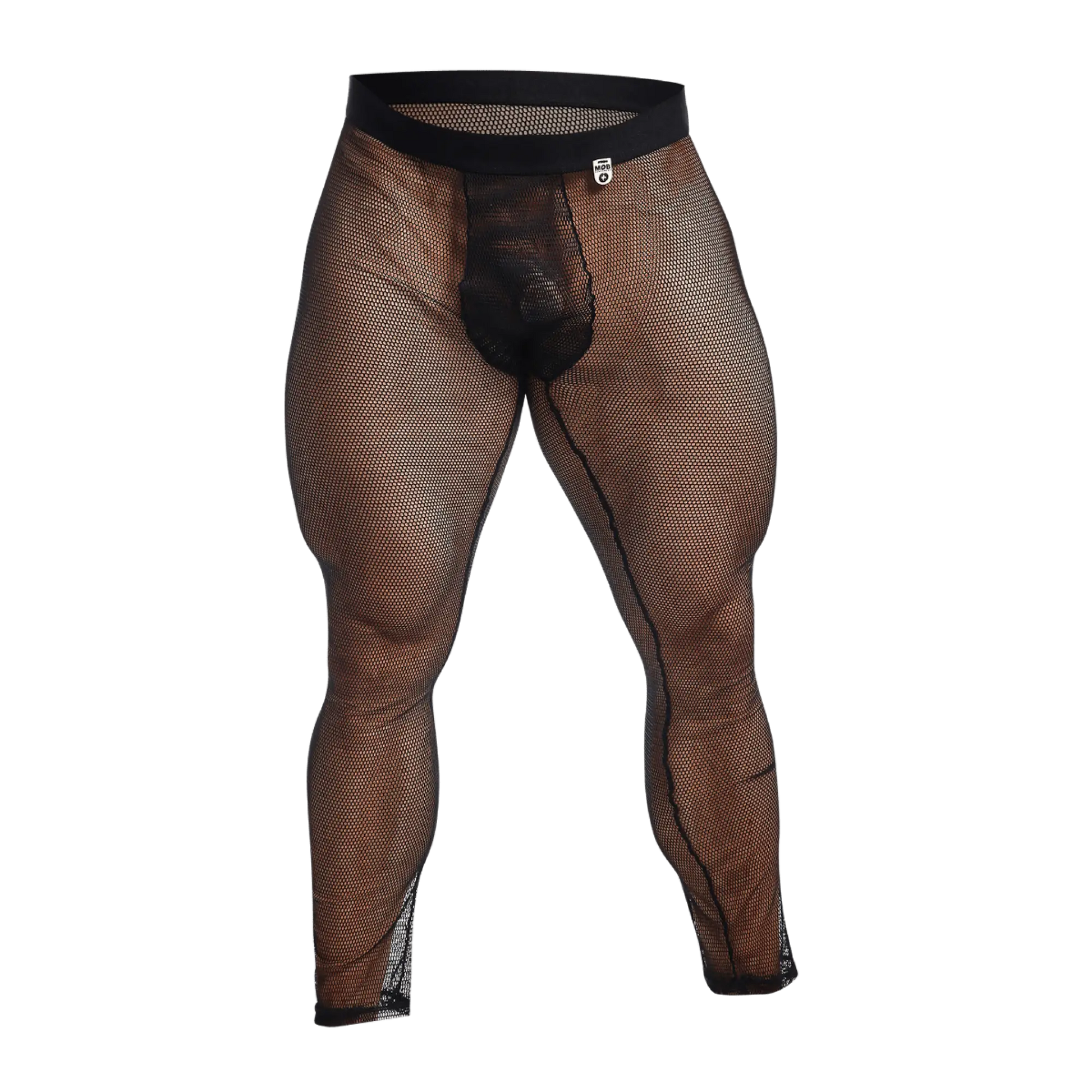 Black mesh men’s underwear with solid black waistband and reinforced leg seams from MOB fishnet tights collection