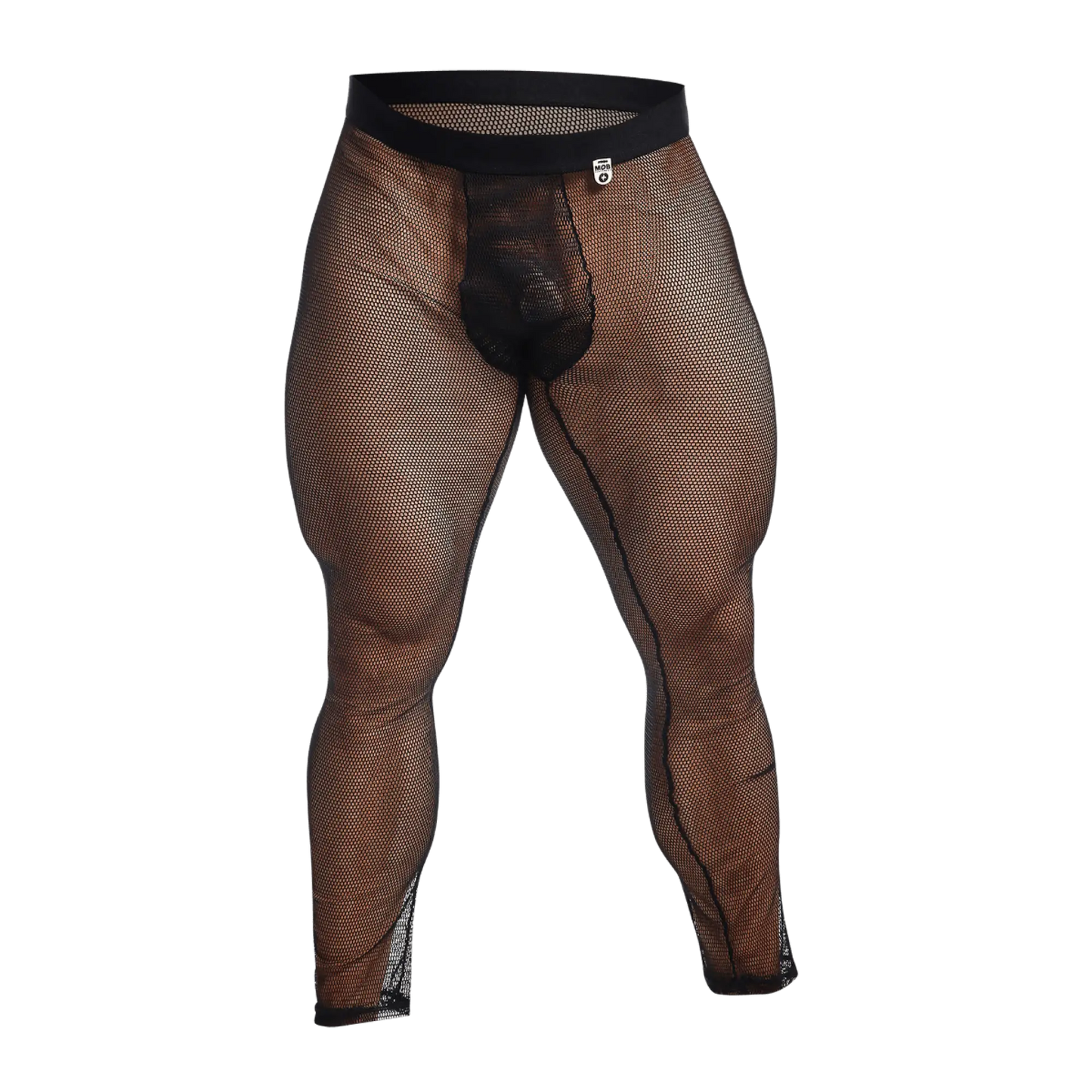 Black mesh mens underwear with solid black waistband and reinforced leg seams from mob fishnet tights collection