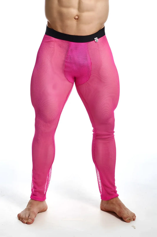 Bright pink mesh MOB fishnet tights with a black waistband showcasing breathable fishnet fabric design