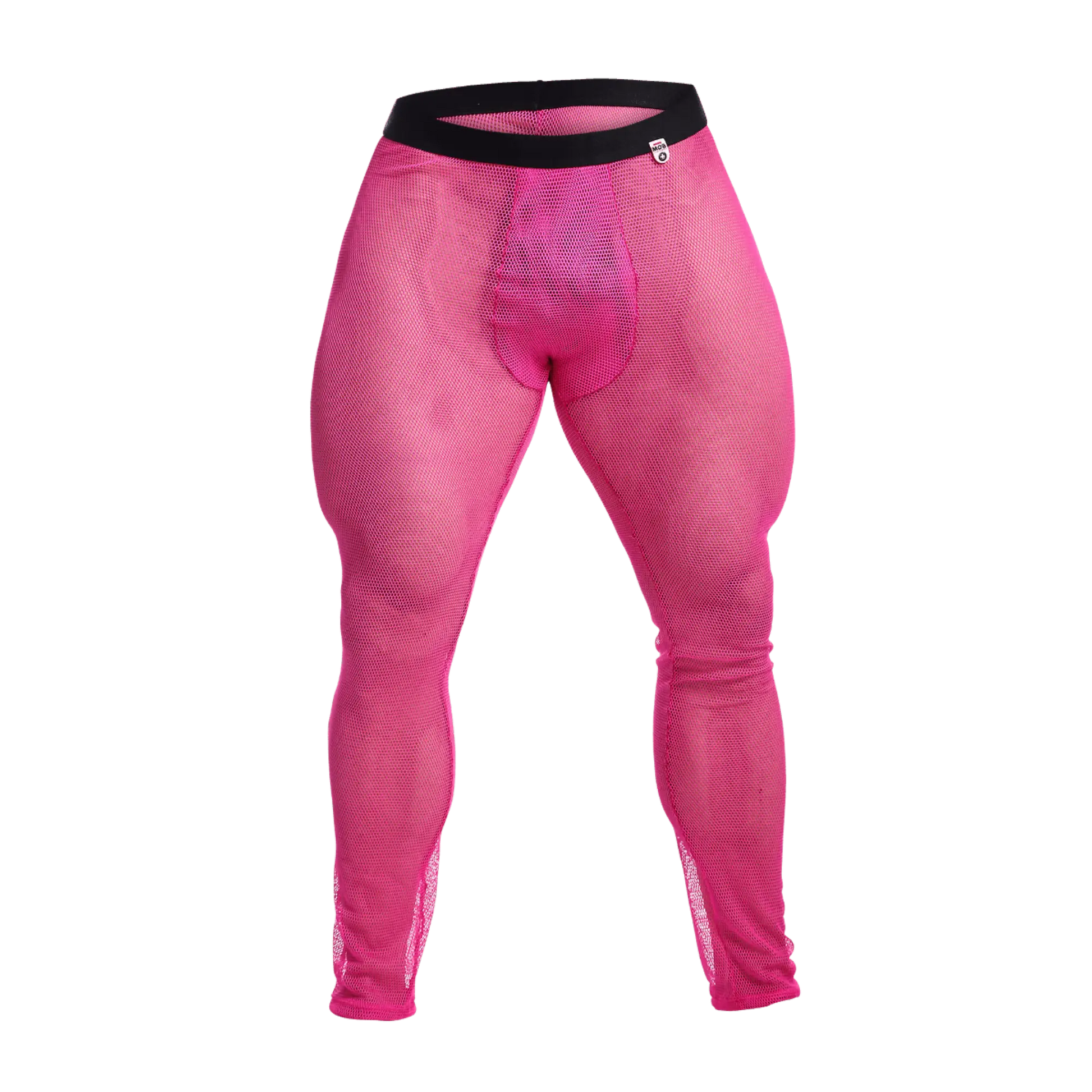 Bright pink mob fishnet tights mesh leggings with black waistband showcasing breathable material and bold color