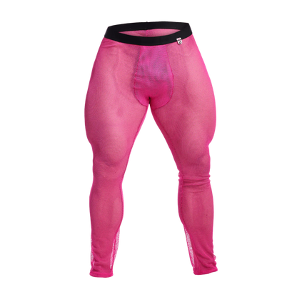 Bright pink mob fishnet tights mesh leggings with black waistband showcasing breathable material and bold color