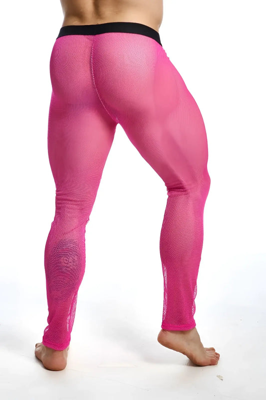 Bright pink mesh leggings with a black waistband from MOB fishnet tights featuring breathable fishnet material