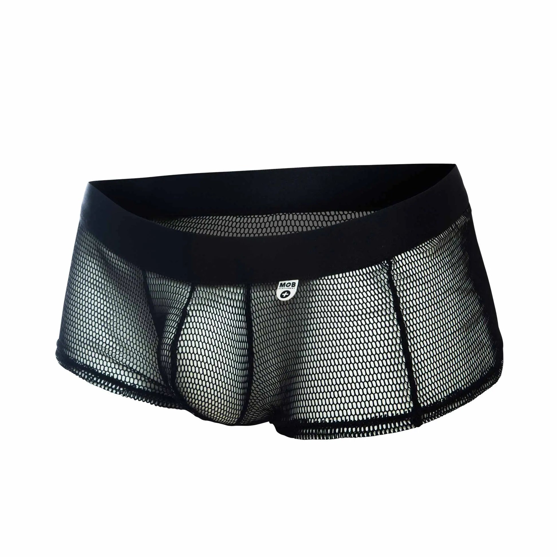 Black mesh mob fisnet boxer briefs with solid black elastic waistband and mcb brand logo