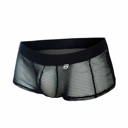 Black mesh mob fisnet boxer briefs with solid black elastic waistband and mcb brand logo